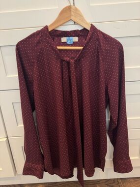 LOFT Burgundy Polka Dot Tie-Neck Blouse